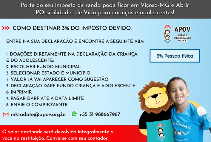 APOV incentiva doação via Imposto de Renda