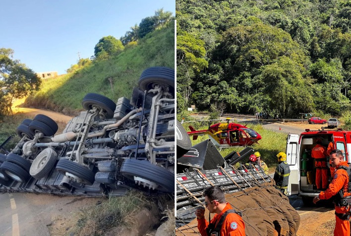 Caminhão tomba na MGC-482 e motorista é resgatado por helicóptero